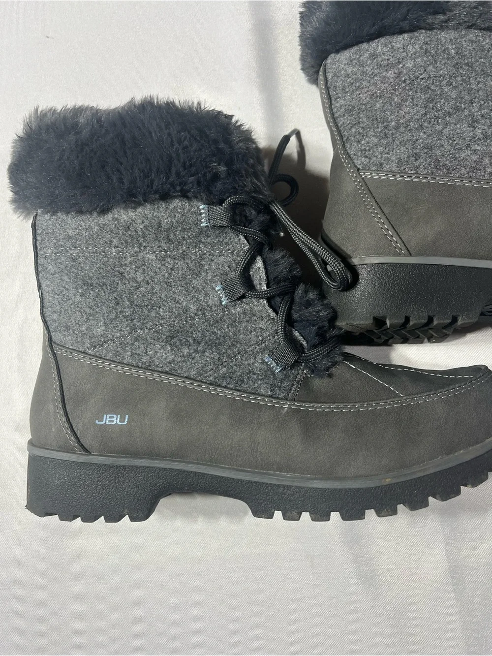 JBU Women's 7 Charcoal Gray Lace-Up Winter Snow Boots with Faux Fur Cuff